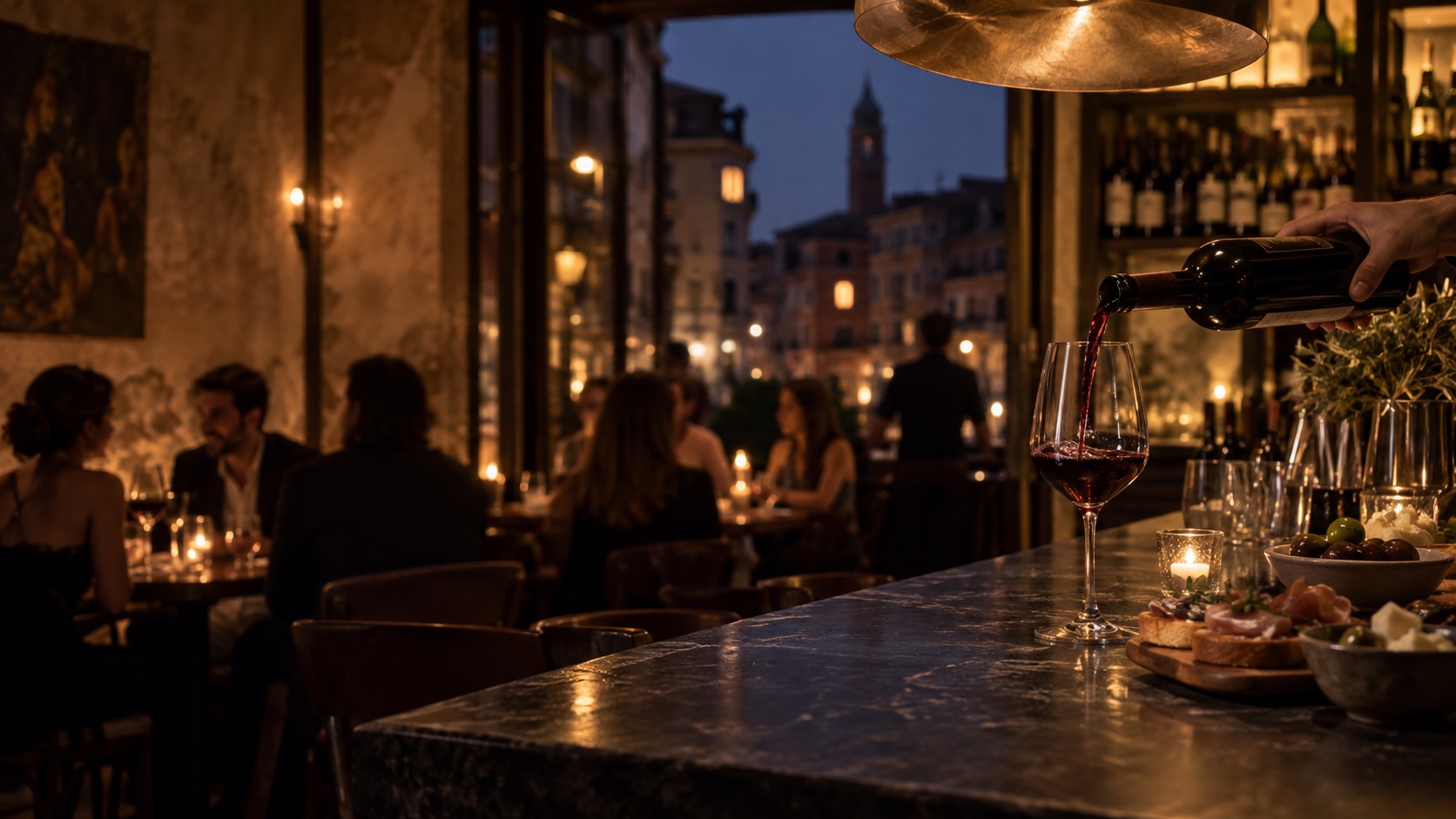 Vino versato al banco durante una serata in enoteca